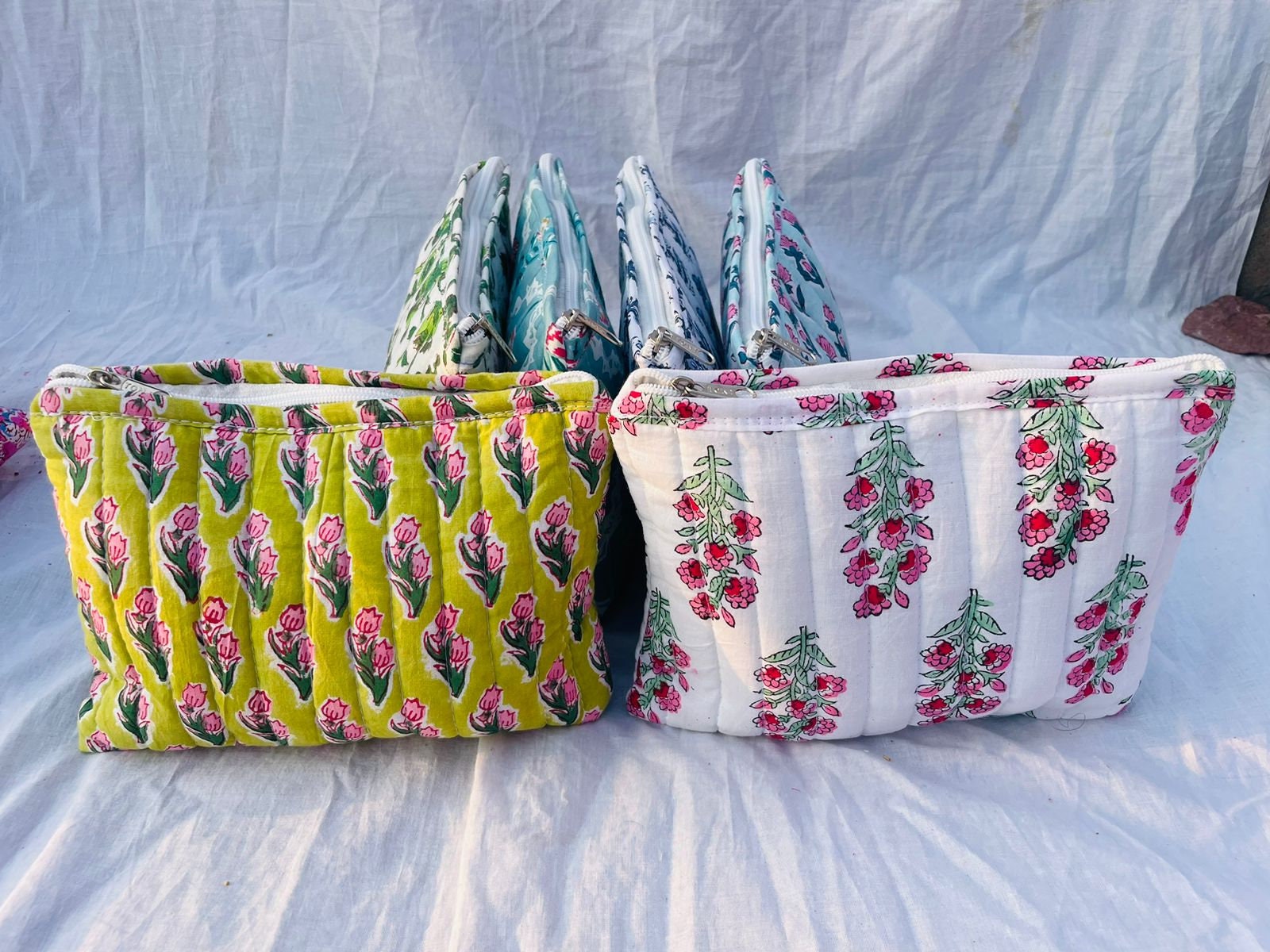 Block Printed Cotton Large Pencil Pouches Handmade Quilted Boho Pencil Bags  Gift for Student Unique Pen Pouch Organic Cotton Travel Bag 