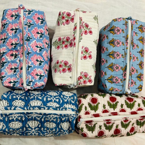 Zipper Large Cotton Makeup bag, Quilted block print cosmetic bag,unique floral toiletry bag women, unique gift mom, Handmade Wash Travel Bag