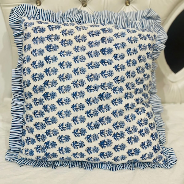 Frill Floral Cushion Cover in Hand Block Print Cotton Square / Rectangular striped ruffle Bohemian Pillow Covers Boho Trim Pillows Cushion