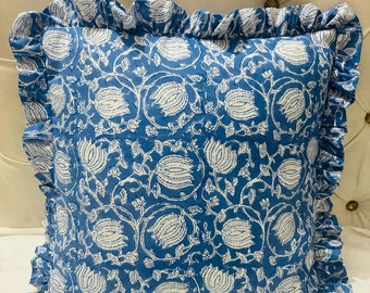 Block Print Boho Cushion Cover With Frill Handmade Cotton Bed Throw Pillows, bohemian pillow cushion cover vintage home decor frill cushion