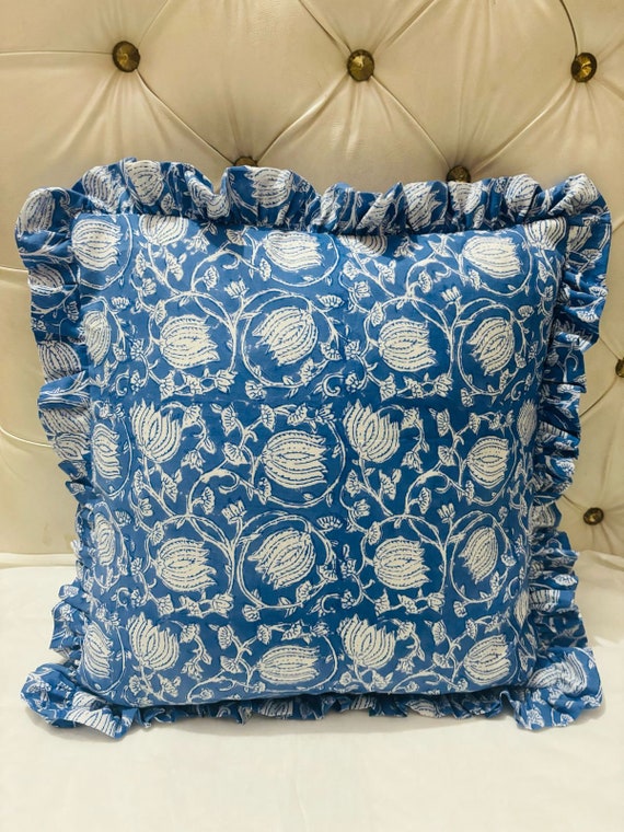Block Print Boho Cushion Cover With Frill Handmade Cotton Bed Throw Pillows Bohemian Pillow Cushion Cover Vintage Home Decor Frill Cushion Etsy Ireland