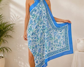 Pareo de algodón con estampado a mano, pareo floral para la playa, pareo azul, pareo de playa para mujer, ropa de verano para resort, pareo bohemio para la playa