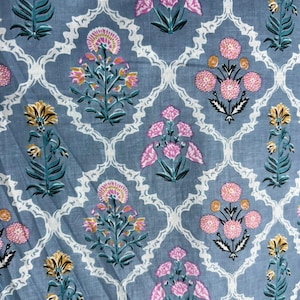 Pu&ograve; includere: Primo piano di un tessuto blu con un motivo floreale ripetuto. Il design presenta fiori stilizzati in rosa, giallo e arancione, su uno sfondo blu. I fiori sono incorniciati da un reticolo bianco ornato.