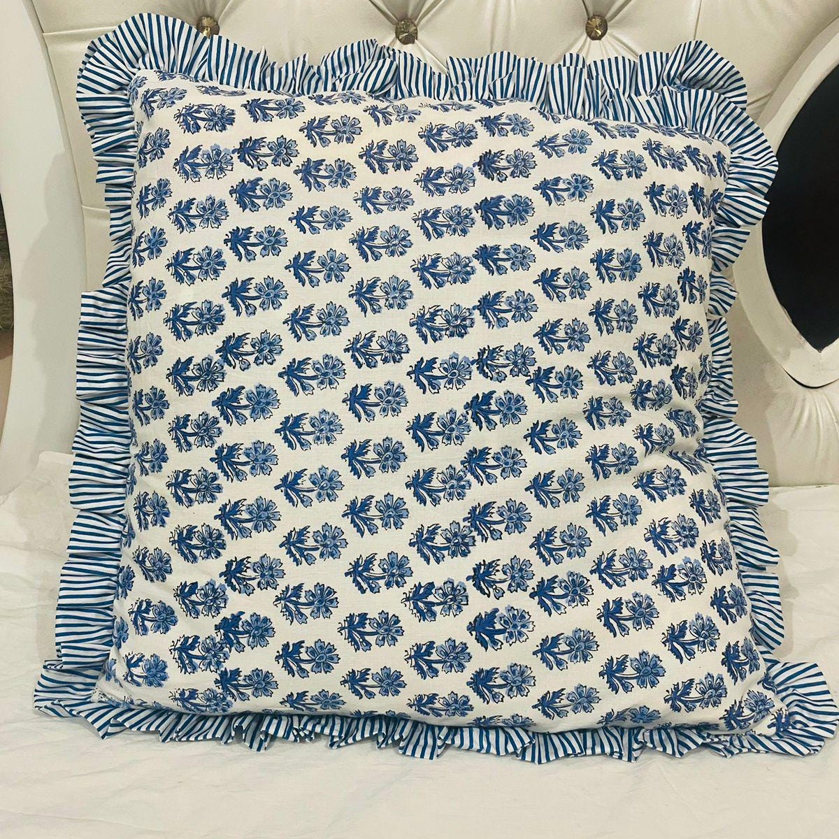 Block Print Boho Cushion Cover With Frill Handmade Cotton Bed Throw Pillows, Bohemian Pillow Cushion Cover Vintage Home Decor Frill Cushion - Etsy