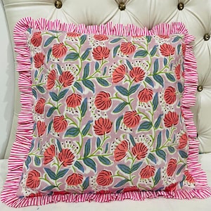 Indiase handbedrukte katoenen kussenhoes, kussenhoes met bloemenprint voor woondecoratie, boho-kussensloop voor de woonkamer, kussenhoes in landelijke stijl.