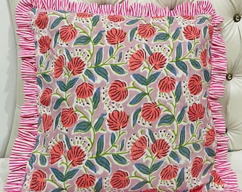 Funda de cojín de algodón indio estampado a mano, funda de almohada decorativa con estampado floral para el hogar, funda de almohada boho para sala de estar, funda de almohada estilo granja,