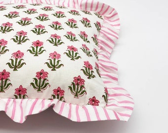 Block Print Cotton Cushion Cover with Frill: Boho Home Decor