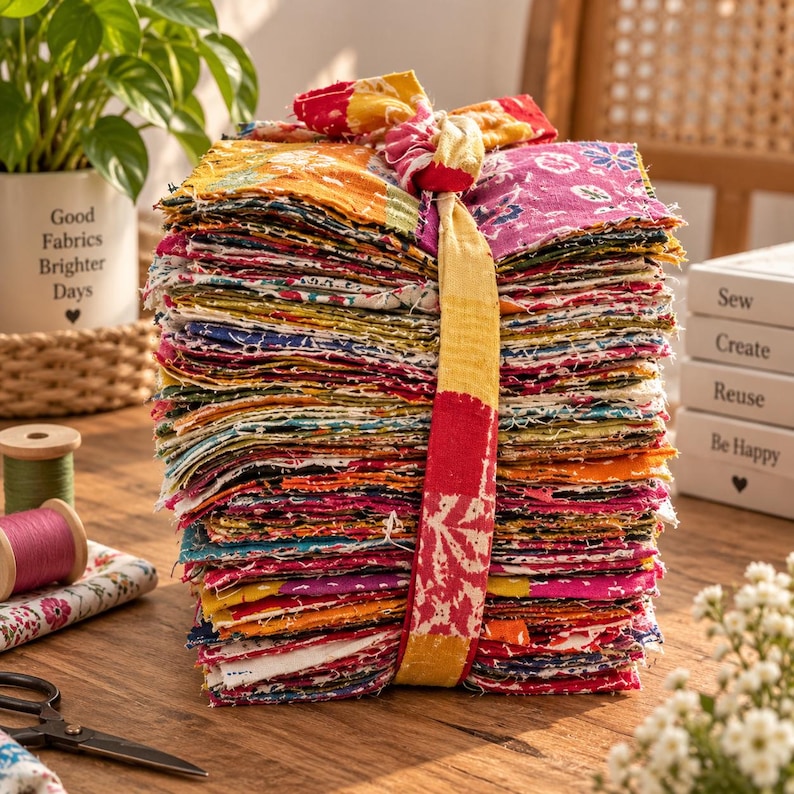 May include: A tall stack of square fabric scraps featuring a variety of colorful floral and geometric patterns in shades of yellow, pink, red, and blue. The stack is tied together with a long strip of matching patterned fabric knotted at the top.