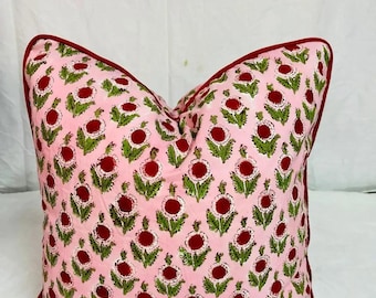 Funda de almohada de algodón con estampado de bloques, cojín floral bohemio con ribete, funda de almohada para sala de estar, funda de almohada estilo rústico, regalo para ella.