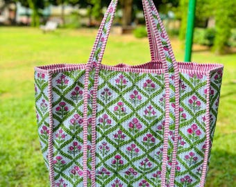 Large Quilted Cotton Tote Bag: Floral Handmade Shopping Bag
