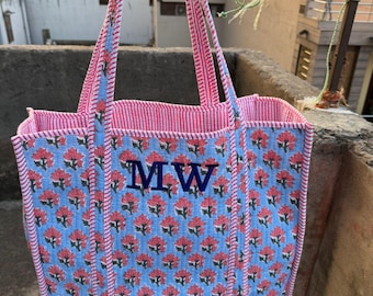 Hand Block Printed Cotton Quilted Tote Bag, Boho Floral Shopping and Beach Bag, Travel and Shoulder Tote, Bridal/Women Gifts tote bag,