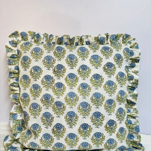 Hand Block Print Floral Pillow Cover: Ruffle Edge Cotton Cushion
