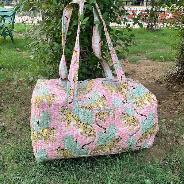 Women's Large Weekender Bags Cotton Block Print Quilted Duffel Bag Boho Style Floral Travel Pack Overnight Bags Handmade Summer Bag Gifts
