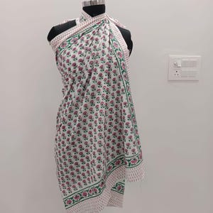 Hand Block Print Cotton Sarong | White Floral Beach Cover-up, Yellow Border pattern 2