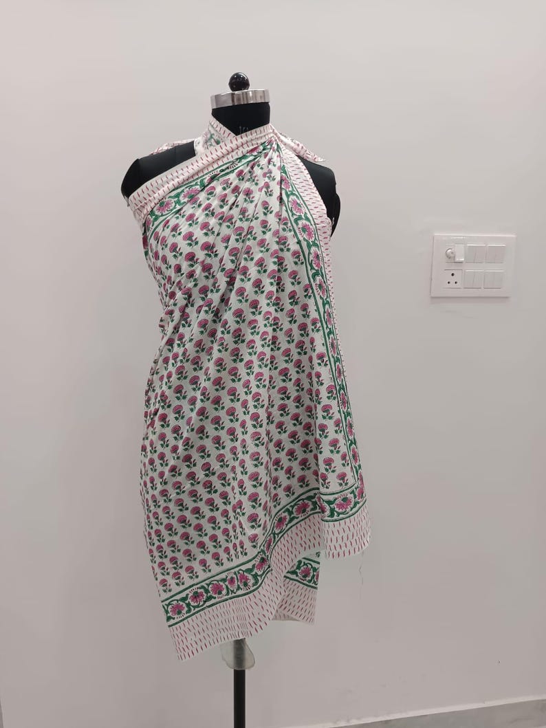 Hand Block Print Cotton Sarong | White Floral Beach Cover-up, Yellow Border pattern 2