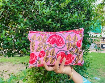 Vintage Large Zipper Pouch, Cotton Handmade unique cosmetic bag, Holiday Gifts, handbag organizer,Large toiletry bag for Women,  Dopp Kit,