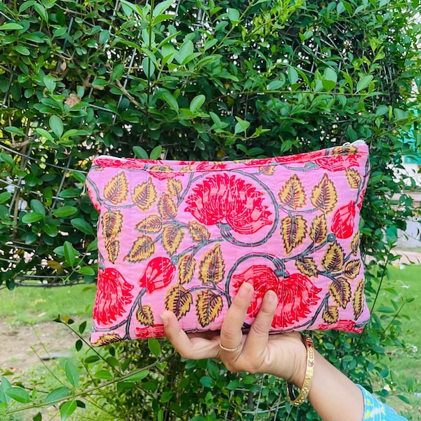 Vintage Large Zipper Pouch, Cotton Handmade unique cosmetic bag, Holiday Gifts, handbag organizer,Large toiletry bag for Women,  Dopp Kit,