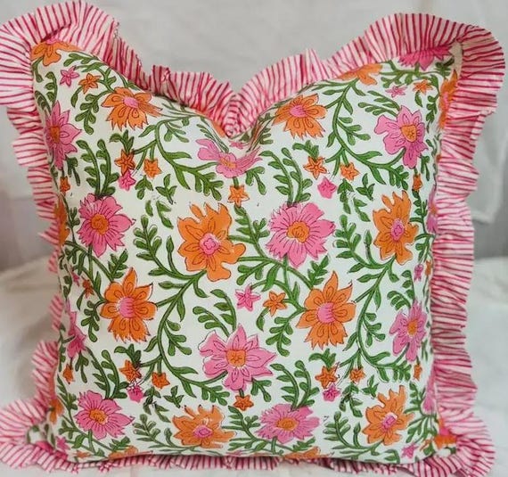 Hand Block Printed Cotton Pillow Cover, Ruffled Floral Sofa Cushion, Farmhouse Living Room Pillowcase