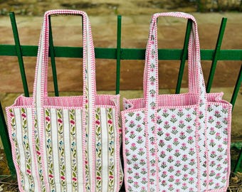 Floral Handprinted Large Quilted Tote Bags | Boho Overnight Weekender Beach Tote Bag | Eco Friendly Shopping Grocery Travel Bags For Women
