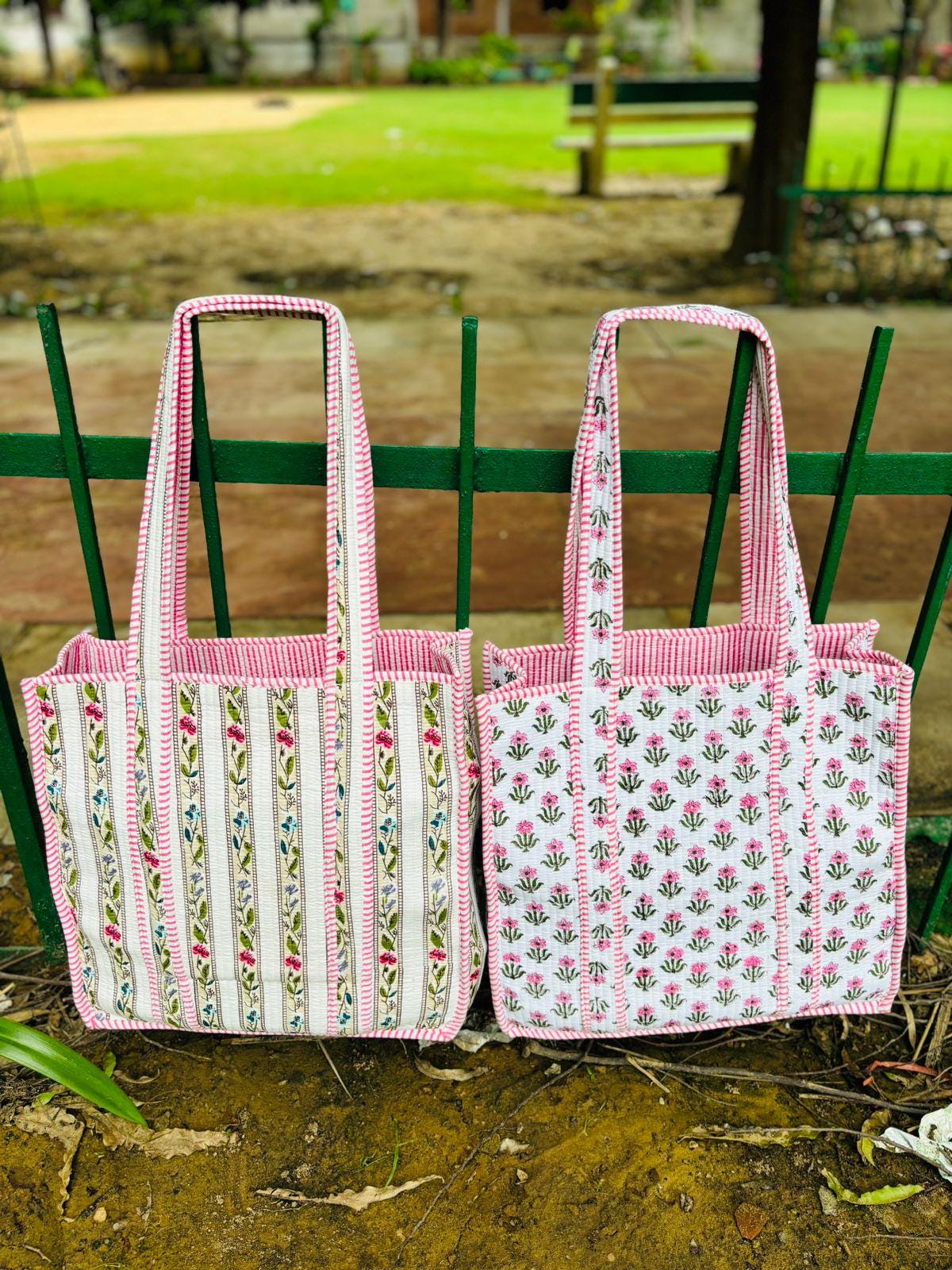 Floral Handprinted Large Quilted Tote Bags | Boho Overnight Weekender Beach Tote Bag | Eco Friendly Shopping Grocery Travel Bags For Women