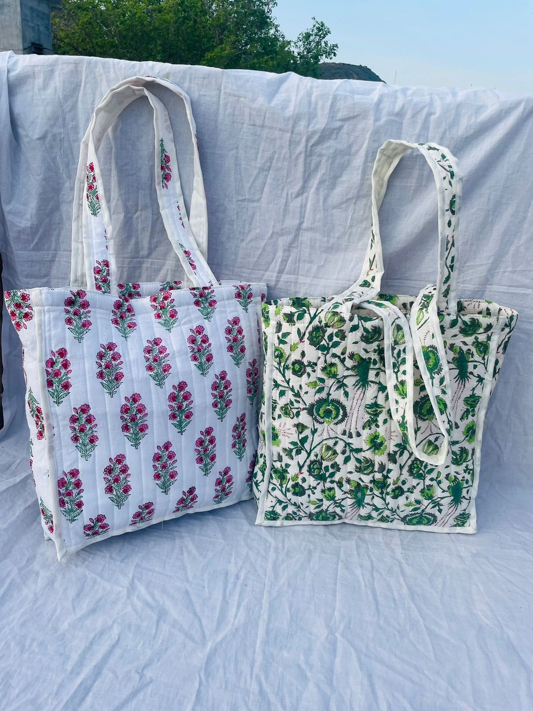 Oversized Quilted Cotton Tote Bags, Block Printed Women's Shopping Bags