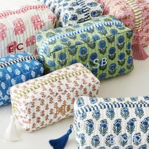 Handmade Floral Block Print Makeup Bag, Quilted Cotton Cosmetic Organizer