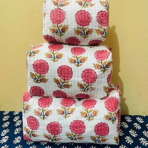 Block Print Fabric Wash Bags Cotton Quilted Cosmetic Bag Holidays Gifts Large Handmade Toiletry Bags Floral Travel Women Make up Pouch Gifts