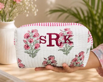 Handmade Hand-Block Print Personalized Makeup Bag, Quilted Toiletry Bag, Floral Travel Makeup Pouch, Bridesmaid Gift for Women