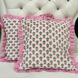 Indian Hand Block Printed Cotton Frill Cushion Cover - Sofa Decorative Pillow Cover, Bed Décor Vintage kantha Throw Pillow with Riffle