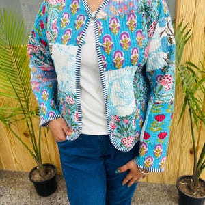 Giacca trapuntata in cotone con stampa a blocchi patchwork - Giacca invernale morbida, comoda ed elegante, cappotto caldo e leggero da donna con maniche lunghe.