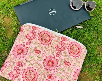 Flower print Laptop Sleeve 13 inch/ iPad Accessories/Macbook pro Air 15 Inch Case bag/Quilted Cotton Block Print Laptop Zipper Bag/iPad Case