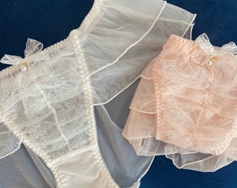 Flowy Sheer Double Layer Panty Lolita Ribbon Ties Ruffle Wavy Panty See Through Transparent Underwear Stretchy Femboy Panty