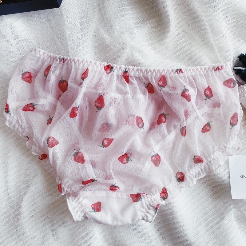 2 PCS Japanese Kawaii Girls Strawberry button mesh frilly panties briefs