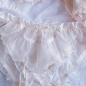 Ivory Flutter Kawaii Panty Lolita Wavy Ruffle Sheer Panty See Through Sheer Transparent Underwear Double Layered Stretchy Femboy Panty
