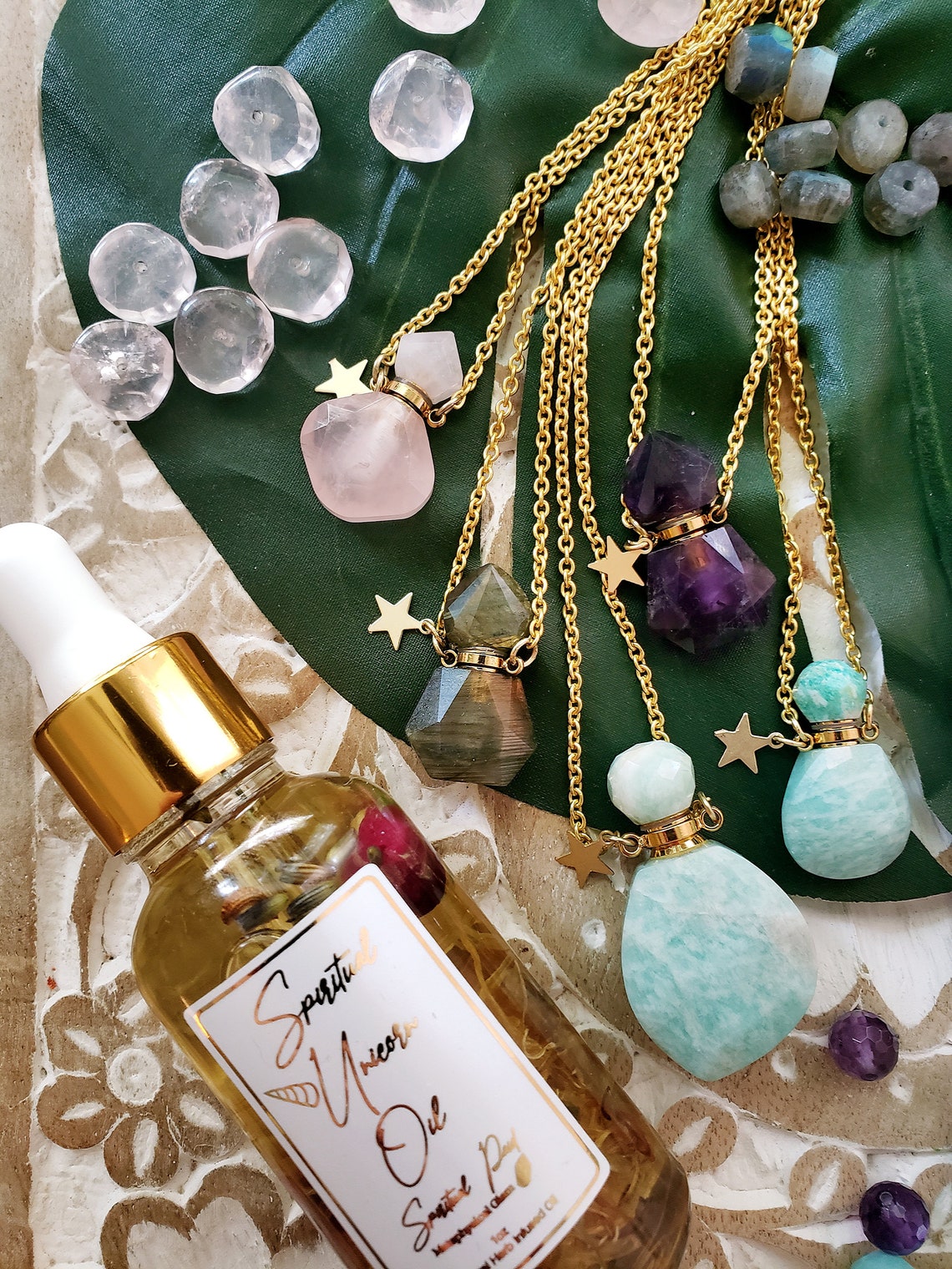 Gemstone essential oil bottle necklace 18kt Plated Gold Etsy