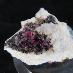 Puede incluir: Primer plano de una muestra mineral rosa y negra. Los cristales rosas están incrustados en una matriz blanca. La muestra está sobre un fondo blanco.