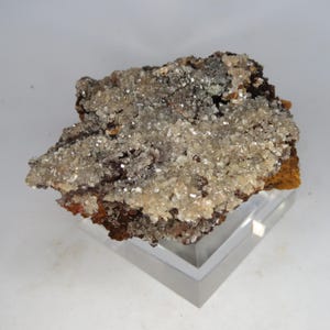 Może przedstawiać: Zbliżenie okazu mineralnego z skupiskiem małych, błyszczących kryształków. Kryształy są głównie białe i półprzezroczyste, pokrywając ciemnobrązową i czerwonobrązową podstawę. Minerał znajduje się na przezroczystym, kątowym stojaku wystawowym.