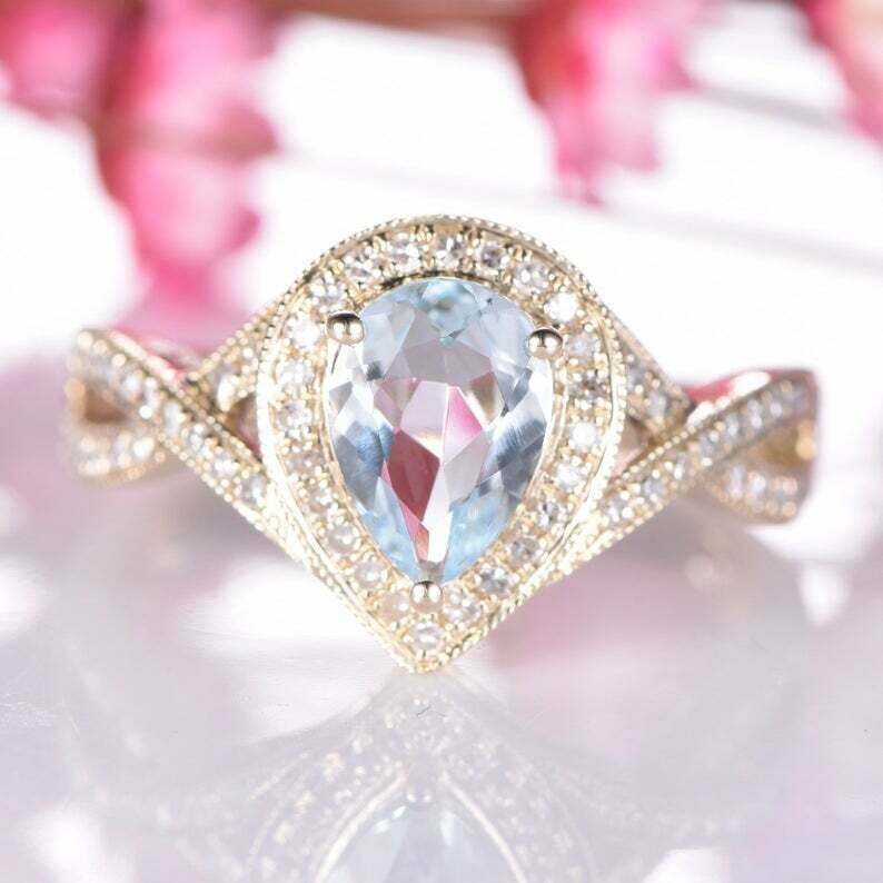 1.50 CT Pear Aquamarine & Round Cut Diamond Ring Gorgeous - Etsy UK