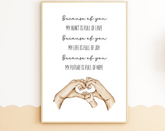 Printable 'Because of You' Hands in Heart, 1-4 Children - Single or Solo Mama A4 Print DIGITAL DOWNLOAD Only