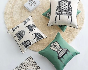 Premium Quality Antique Chair Print Satin Cushion Covers | 4 different prints | 2 colours | Living room cushions | Green & White Cushions