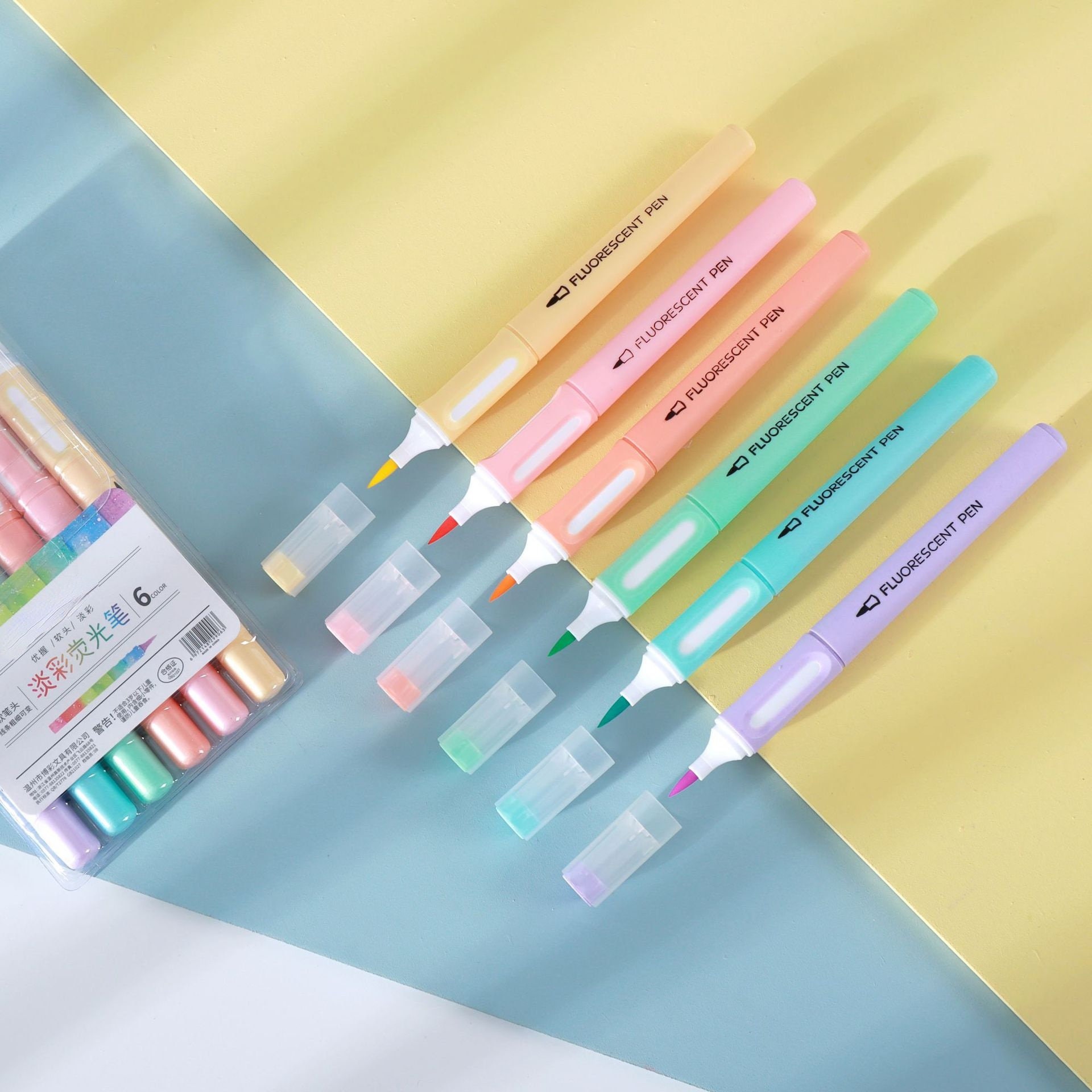 6 colors Soft Brush Fluorescence Pen Set Pastel Markers Brush Set