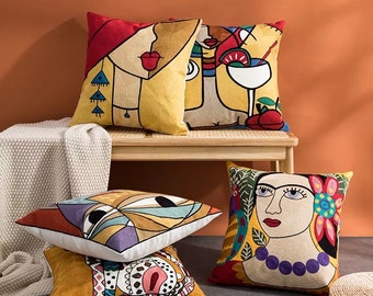 Embroidered Cushion Covers | Abstract Cat Cushion Cover | Womans Face Cushion Cover | 45x45cm | 2 designs Available