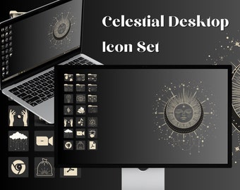 May include: A desktop computer screen displaying a celestial-themed desktop background with a sun and moon design. The screen is surrounded by a grid of icons featuring celestial and other abstract designs.