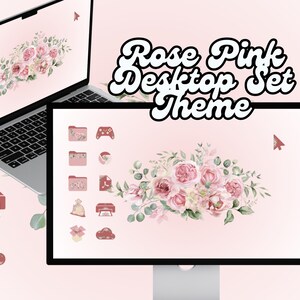 Può includere: Uno schermo di computer desktop con uno sfondo rosa e un'illustrazione ad acquerello di rose rosa. Lo schermo mostra anche un set di icone con un design floreale. Il testo "Rose Pink Desktop Set Theme" è visualizzato nella parte superiore dello schermo.