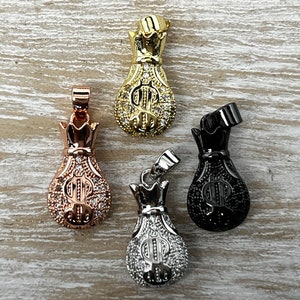 1 CZ Pave Small Money Bag Charm, Money Bag Charm, Dollar Sign Charm, Bracelet Charm, Necklace Charm, Pendant, 20mmx9mm