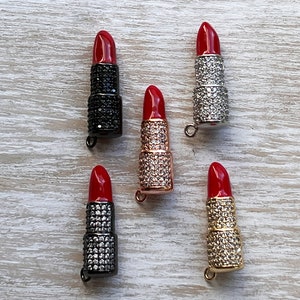 1 Lipstick Charm, CZ Pave Red Lipstick Charm, Make-up Charm, Bracelet Charm, Necklace Charm, 33x10.5mm, Jewelry Making Charm