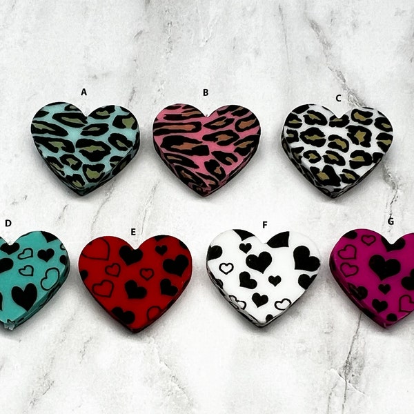 2 Count Heart Silicone Focal Bead,  Leopard Print Silicone Focal Bead, Heart Print Silicone Focal Bead, 20x24.8mm