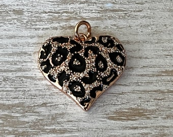 1 CZ Pave Black Leopard Print Heart Charm, Heart Charm