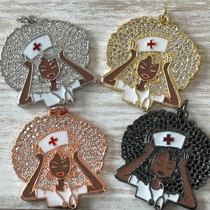 1 Black Woman CZ Nurse Charm, Nurse Charm, Black Woman Charm, Bracelet Charms, Necklace Charms, Pendant, Jewelry Charm, 31mmx33mm