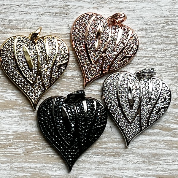 1 CZ Micro Pave Love Heart Charm, Word Charm, Bracelet Charm, Necklace Charms, Love Pendant, 25mmx24mm